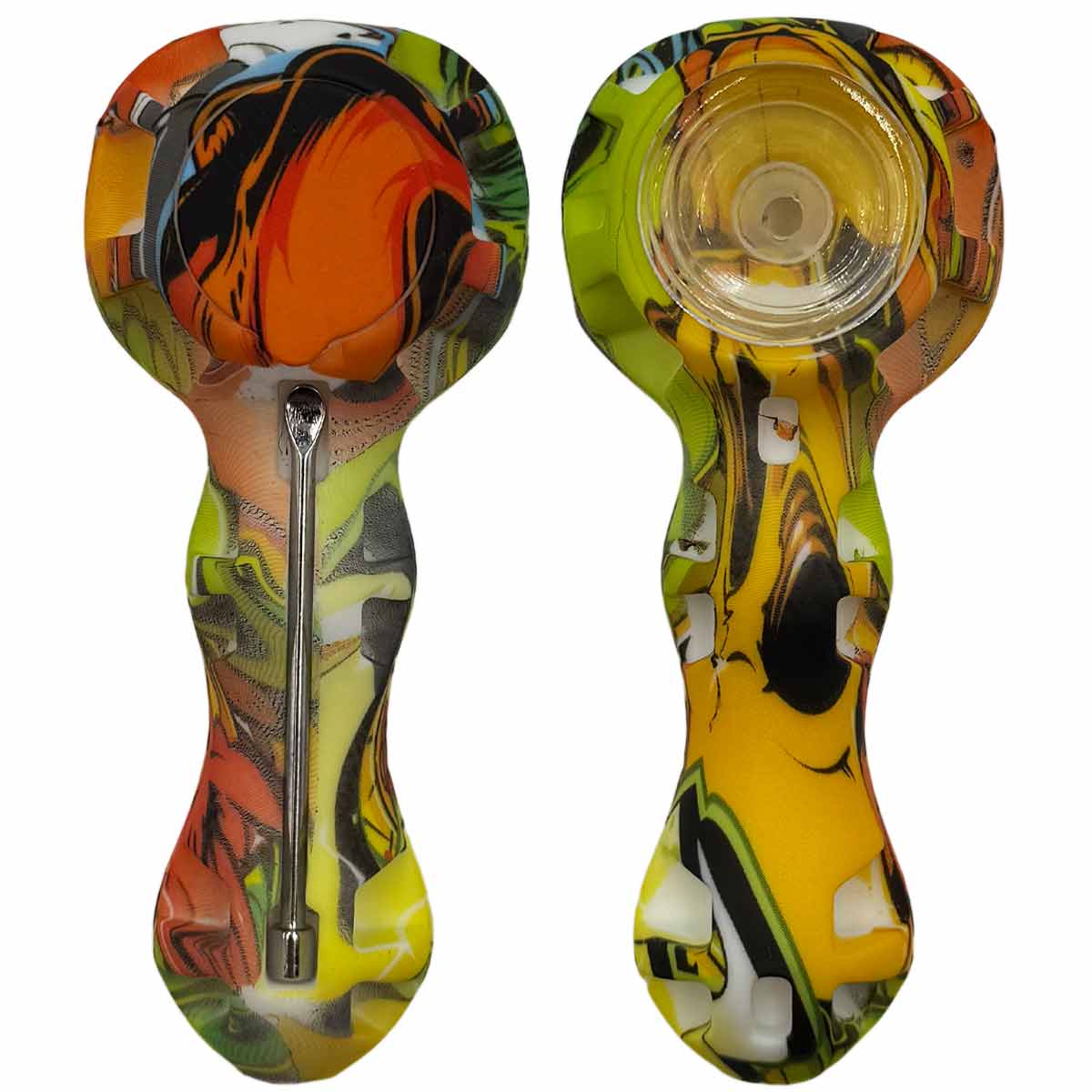 4.25" Silicone Hand Pipe w/ Glass Bowl, Dab Tool & Dish - Now Over 2 Dozen Prints [HP-S-6B]