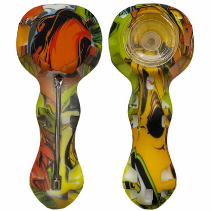 4.25" Silicone Hand Pipe w/ Glass Bowl, Dab Tool & Dish - Now Over 2 Dozen Prints [HP-S-6B]