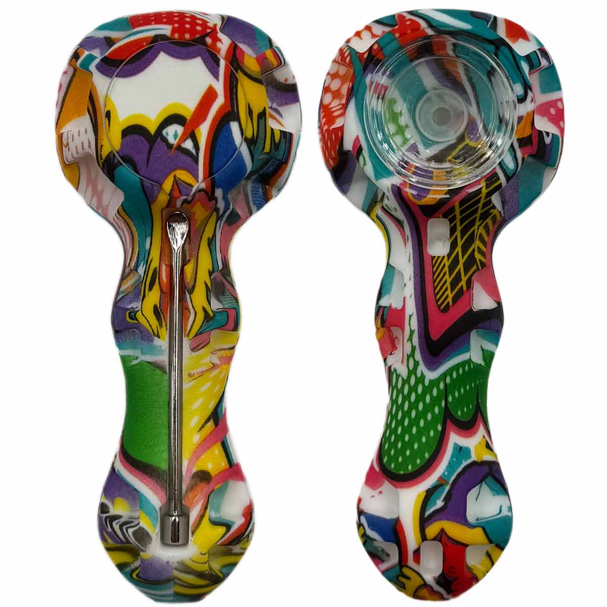 4.25" Silicone Hand Pipe w/ Glass Bowl, Dab Tool & Dish - Now Over 2 Dozen Prints [HP-S-6B]