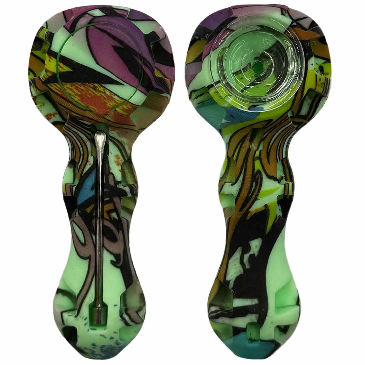 4.25" Silicone Hand Pipe w/ Glass Bowl, Dab Tool & Dish - Now Over 2 Dozen Prints [HP-S-6B]