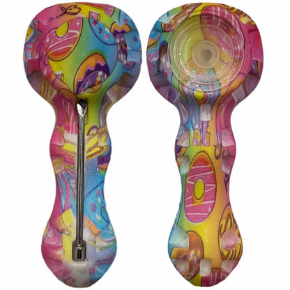 4.25" Silicone Hand Pipe w/ Glass Bowl, Dab Tool & Dish - Now Over 2 Dozen Prints [HP-S-6B]