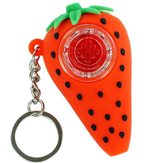 2.9" Silicone Strawberry Pipe w/ Keychain & Glass Bowl - Assorted Colors [HP-S-KEY-3]