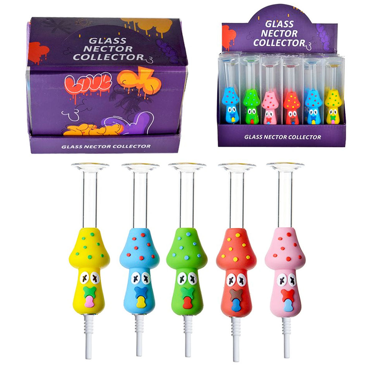 5.25 " 10mm Sil. & Glass Nectar Collectors w/ Mushroom in Display Box - Choose Your Tips - Assorted Styles [NC-H-105]