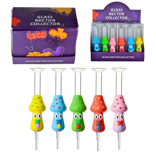 5.25 " 10mm Sil. & Glass Nectar Collectors w/ Mushroom in Display Box - Choose Your Tips - Assorted Styles [NC-H-105]