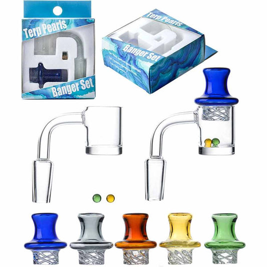 Boxed Spinner Set #2 - 25mm Flat Top Quartz Banger, Colored w/ Pearls & Cyclone Riptide Cap - 14mm Male 90° [QB-TP2-B]