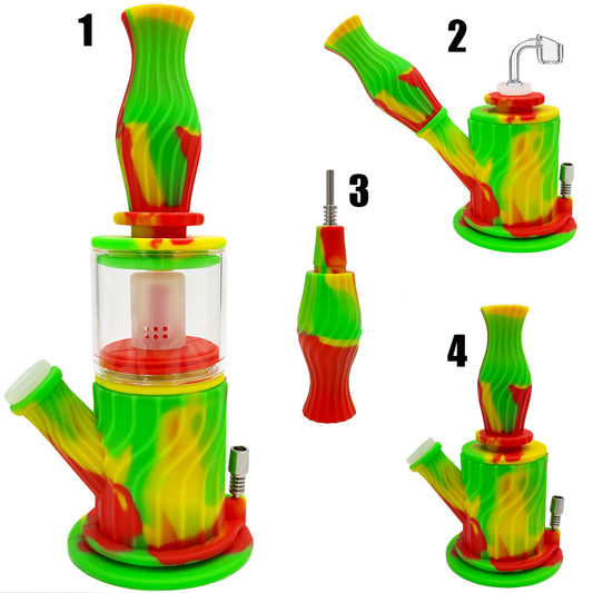 9.5" 14mm 4-Way Silicone & Glass Water Pipe, Dab Rig & Nectar Collector Set - Assorted Colors [WP-H-87A]
