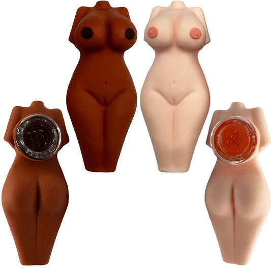 3.25" Silicone Nude Lady Hand Pipe w/ Glass Bowl - 2 Colors [HP-S-173]