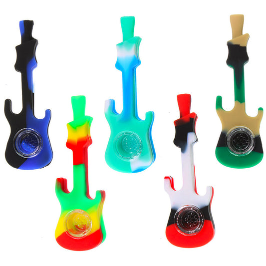 4.25" Silicone Guitar Hand Pipe w/ Glass Bowl - Assorted Colors [HP-S-21]