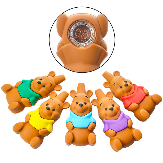 4" Silicone Nostalgic Bear Hand Pipe w/ Glass Bowl - Assorted Colors [HP-S-146]