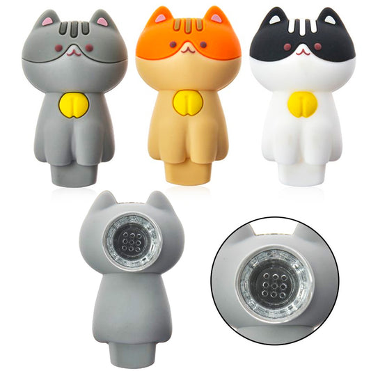 3.25" Silicone Cat Hand Pipe w/ Glass Bowl - Assorted Colors [HP-S-171]