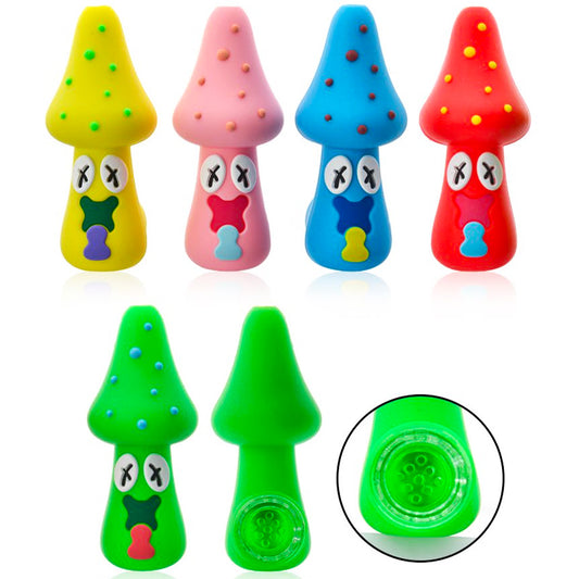 3.25” Silicone Mushroom Hand Pipe w/ Glass Bowl - Assorted Colors [HP-S-170]