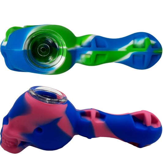 5" Silicone Skull Hand Pipe w/ Glass Bowl - Assorted Colors [HP-S-177]