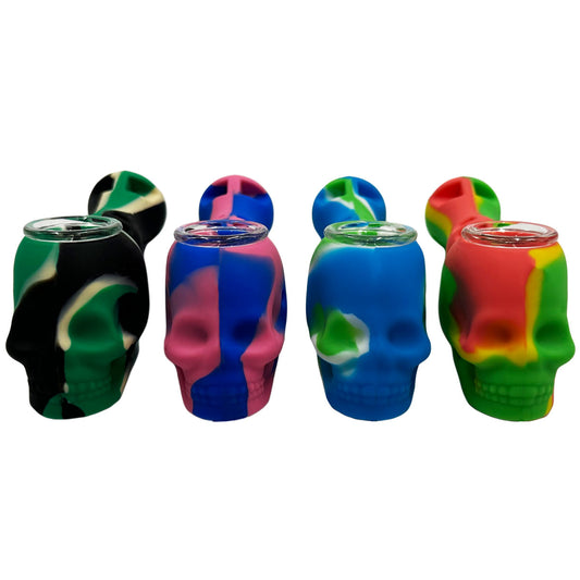 5" Silicone Skull Hand Pipe w/ Glass Bowl - Assorted Colors [HP-S-177]