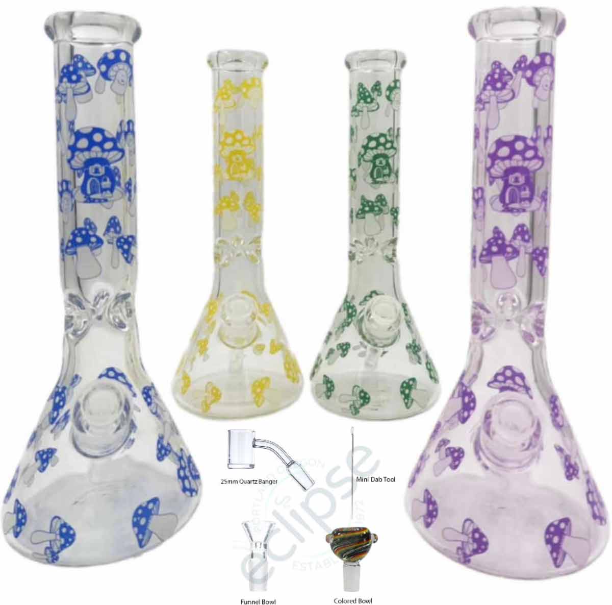 14" 9mm Beaker w/ Glow-in-the-Dark Mushrooms - Assorted Colors [WP-G-204]