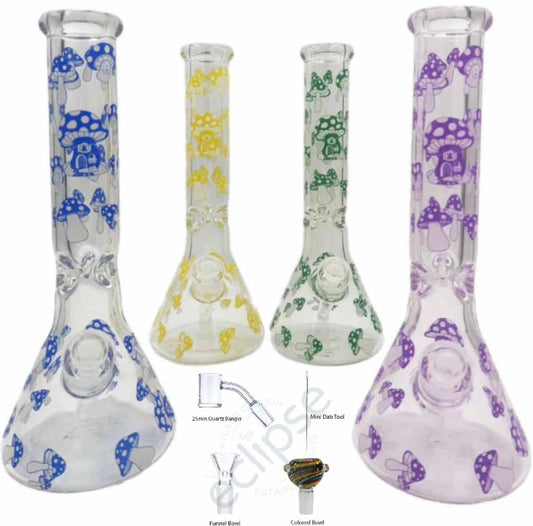 14" 9mm Beaker w/ Glow-in-the-Dark Mushrooms - Assorted Colors [WP-G-204]