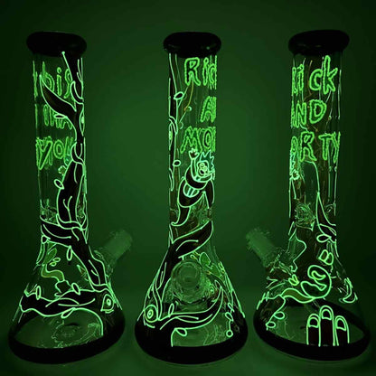 14" 7mm Beaker with Hand Painted Glow-in-the-Dark Crazy Guys Design - Style B [WP-G-227B]