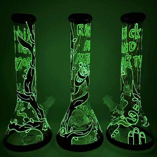 14" 7mm Beaker with Hand Painted Glow-in-the-Dark Crazy Guys Design - Style B [WP-G-227B]