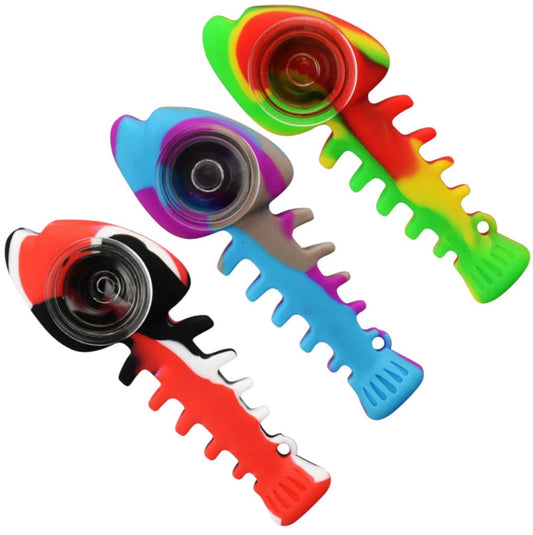 4.25" Silicone Fish Bones Hand Pipe w/ Glass Bowl - Assorted Colors [HP-S-68]