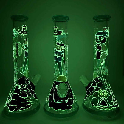 14" 7mm Beaker with Hand Painted Glow-in-the-Dark Crazy Guys Design - Style D [WP-G-227D]