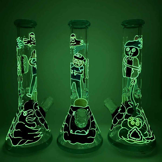 14" 7mm Beaker with Hand Painted Glow-in-the-Dark Crazy Guys Design - Style D [WP-G-227D]