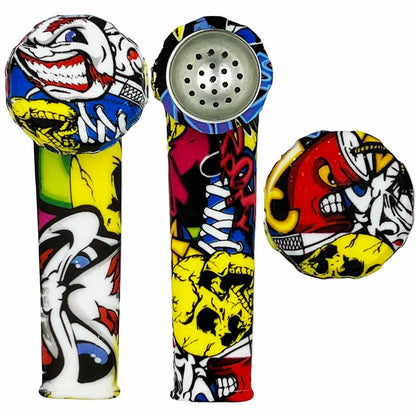 3.5" Silicone Hand Pipe w/ Metal Bowl, Lid & Carb in - Choose From Over 40 Prints! [HP-S-36]