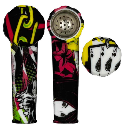 3.5" Silicone Hand Pipe w/ Metal Bowl, Lid & Carb in - Choose From Over 40 Prints! [HP-S-36]