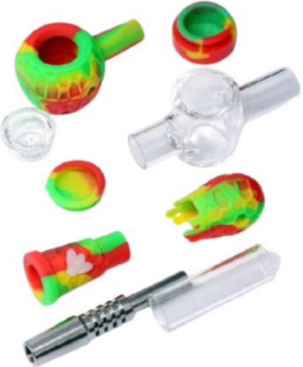 4-Way 14mm Silicone & Glass Nectar Collector & Hand Pipe - Gift box - Assorted Colors [NC-H-85]