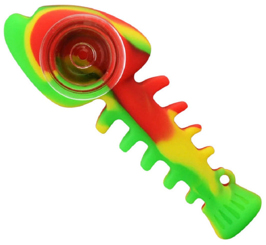 4.25" Silicone Fish Bones Hand Pipe w/ Glass Bowl - Assorted Colors [HP-S-68]