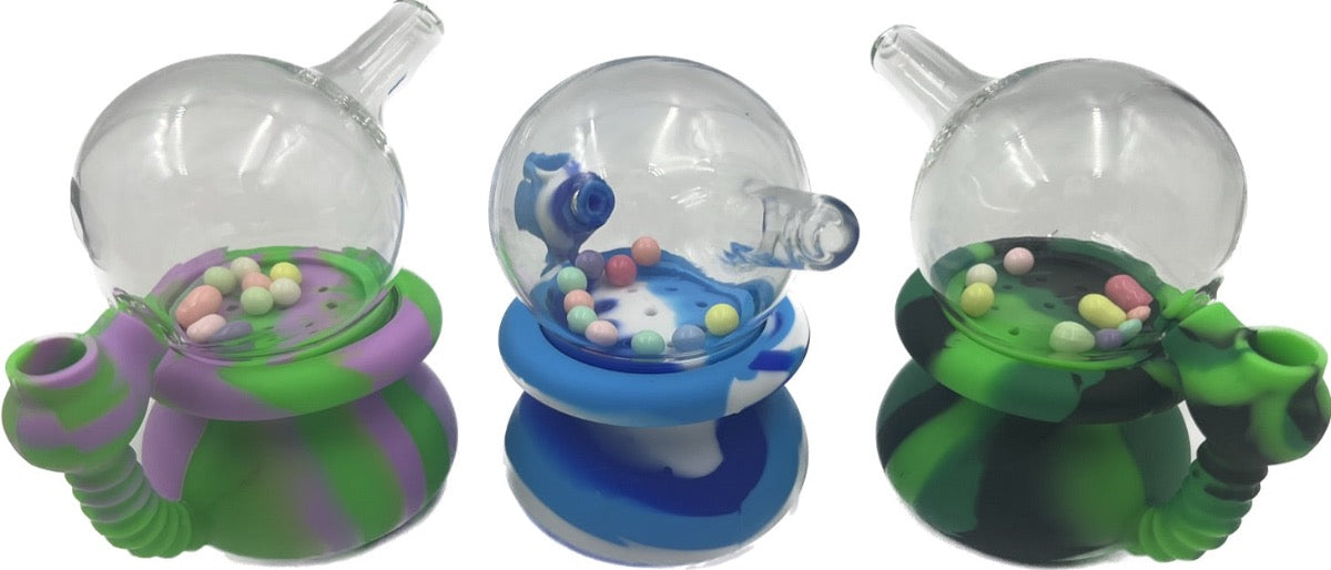5" Silicone Water Pipe w/ Glass Top & Moving Balls - Assorted Colors [WP-H-158]