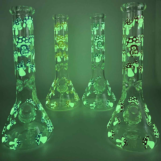 14" 9mm Beaker w/ Glow-in-the-Dark Mushrooms - Assorted Colors [WP-G-204]