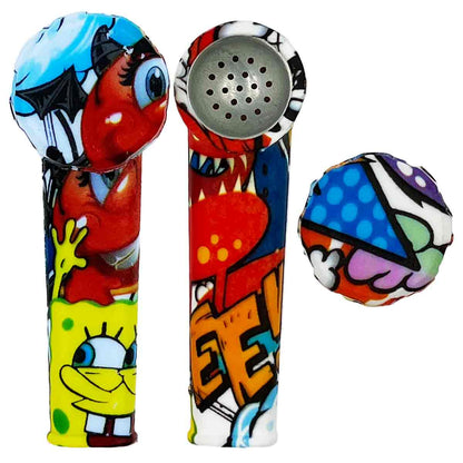 3.5" Silicone Hand Pipe w/ Metal Bowl, Lid & Carb in - Choose From Over 40 Prints! [HP-S-36]