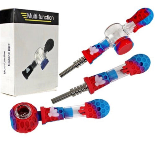 4-Way 14mm Silicone & Glass Nectar Collector & Hand Pipe - Gift box - Assorted Colors [NC-H-85]