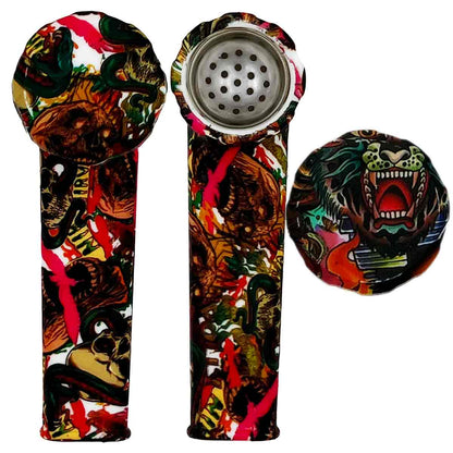 3.5" Silicone Hand Pipe w/ Metal Bowl, Lid & Carb in - Choose From Over 40 Prints! [HP-S-36]