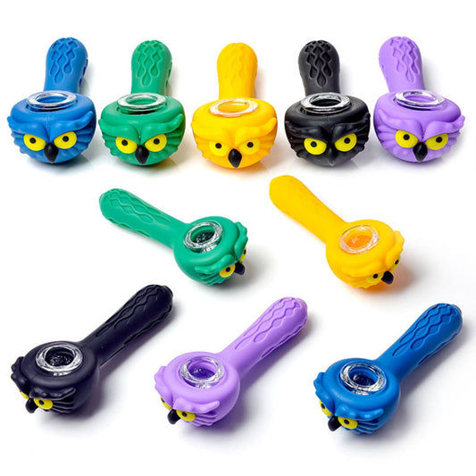 5" Silicone Owl Hand Pipe w/ Glass Bowl - Assorted Colors [HP-S-143]
