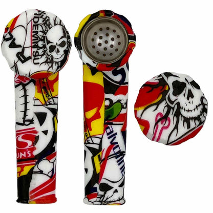 3.5" Silicone Hand Pipe w/ Metal Bowl, Lid & Carb in - Choose From Over 40 Prints! [HP-S-36]