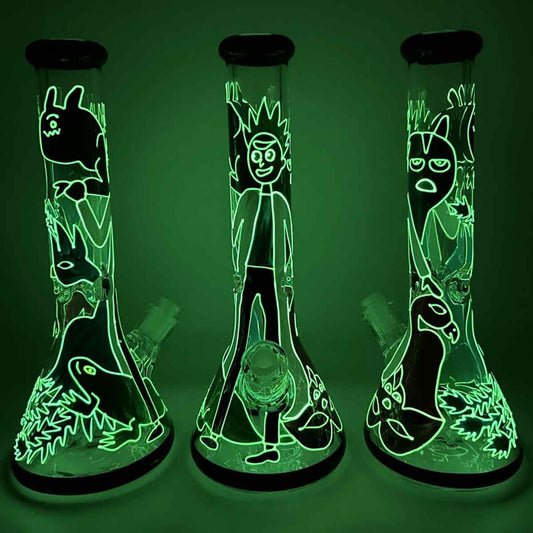 14" 7mm Beaker with Hand Painted Glow-in-the-Dark Crazy Guys Design - Style A [WP-G-227A]