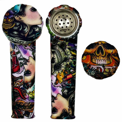 3.5" Silicone Hand Pipe w/ Metal Bowl, Lid & Carb in - Choose From Over 40 Prints! [HP-S-36]