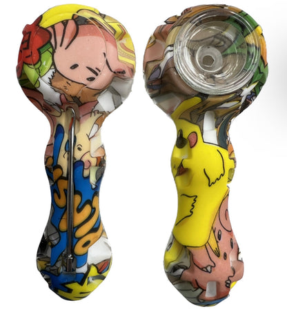 4.25" Silicone Hand Pipe w/ Glass Bowl, Dab Tool & Dish - Now Over 2 Dozen Prints [HP-S-6B]