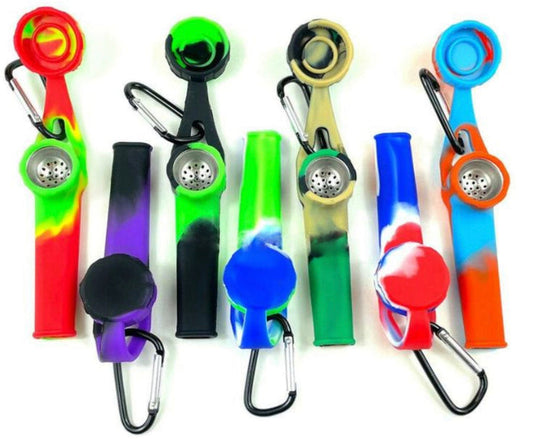 4" Silicone Hand Pipe w/ Metal Bowl, Lid, Carabiner & Carb - Now 9 Colors [HP-S-51C]