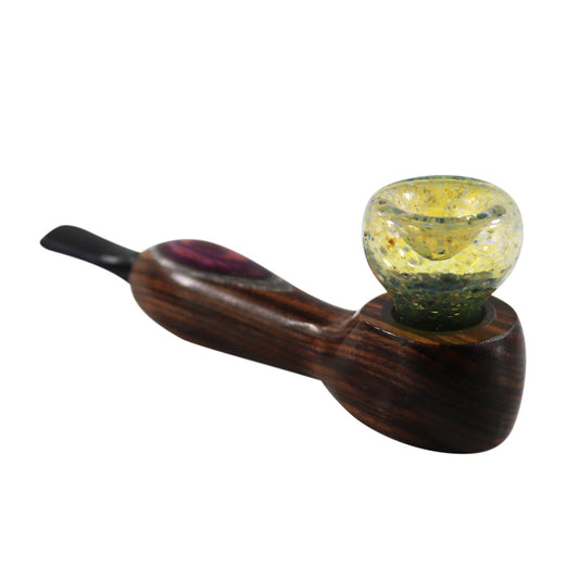 Measures approx 4.25" long Handcrafted from premium hardwoods American made hand blown glass bowl Made entirely in America Hybrid Pipe Unique design