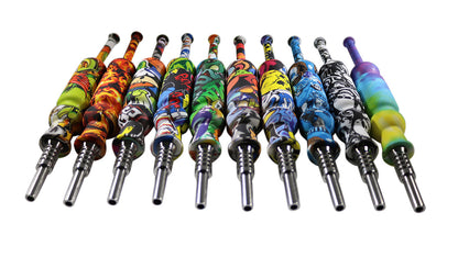 #NC14-B Silicone Nectar Collector Set w/ 14mm Nail, Dab Tool and Dish (Assorted Prints)