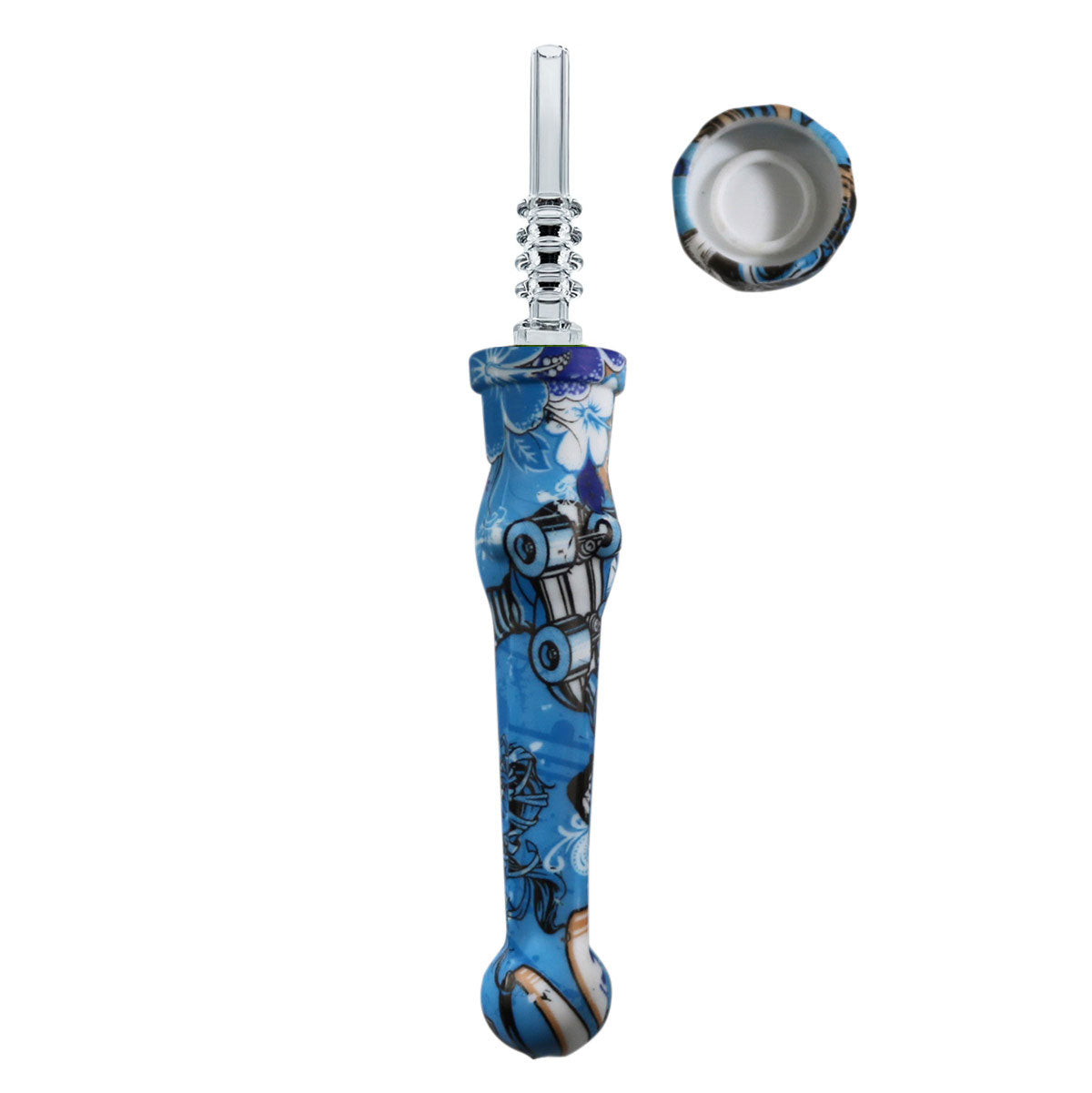 7.5" Sil. Nectar Collector Straw w/ 14mm Quartz Nail & Dab Dish - Now 19 Prints! [NC-S-7B-Q]