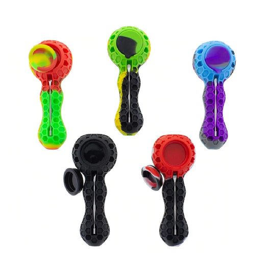 4.25" Silicone Honeycomb Pipe w/ Glass Bowl, Dab tool & Dish (Assorted Colors) #SC6E