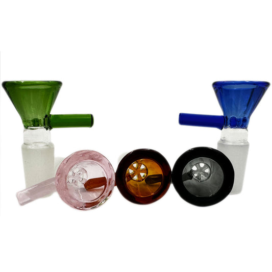 14mm Glass Funnel Bowl w/ Handle & Built-In Screen - Assorted Colors [GB-7C]