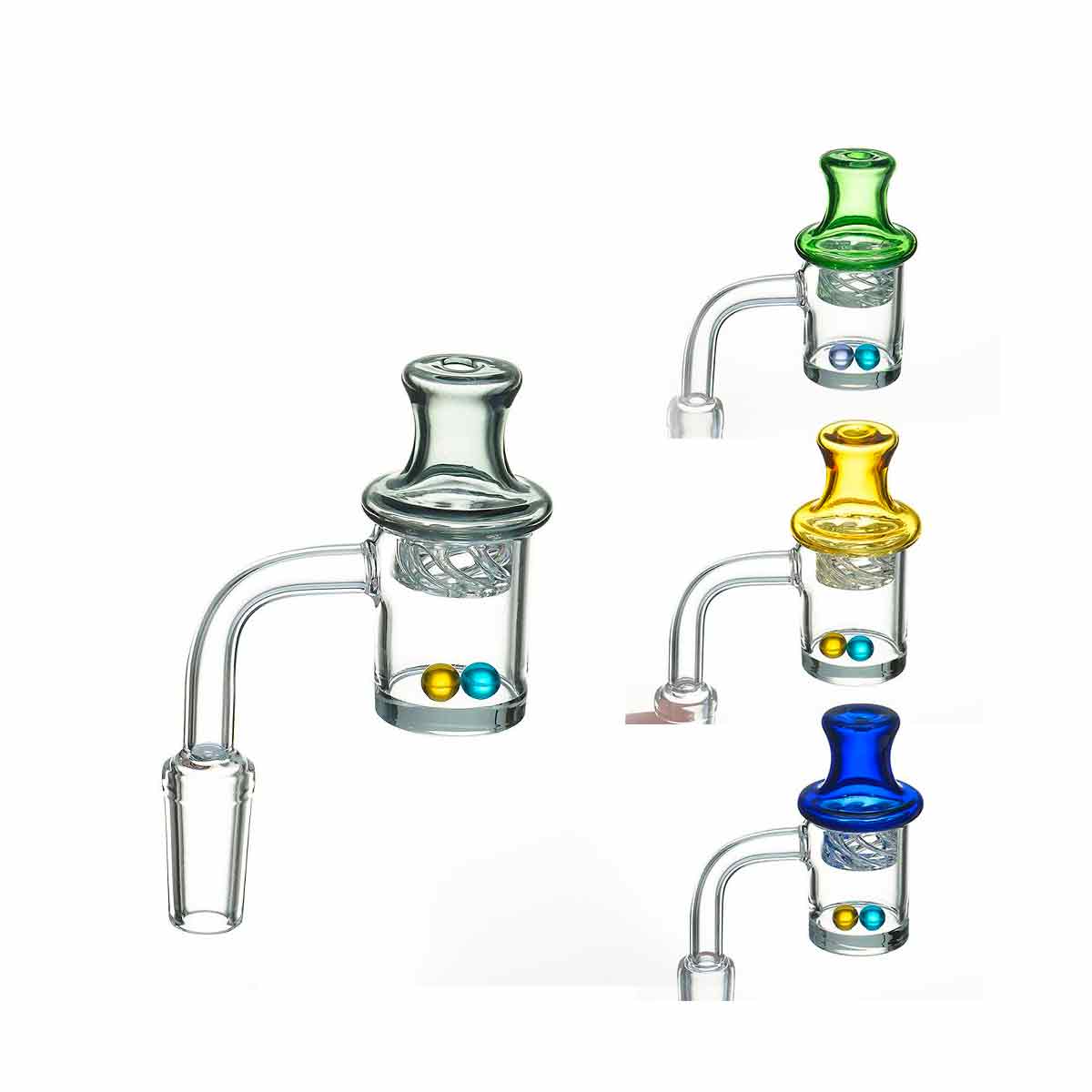 Spinner Set #2 - 25mm Flat Top Quartz Banger, Colored w/ Pearls & Cyclone Riptide Cap - All 12 Joint Sizes & Angles [QB-TP2]