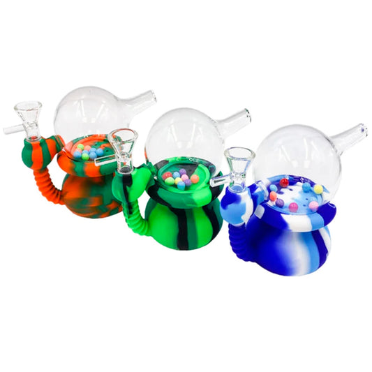 5" Silicone Water Pipe w/ Glass Top & Moving Balls - Assorted Colors [WP-H-158]