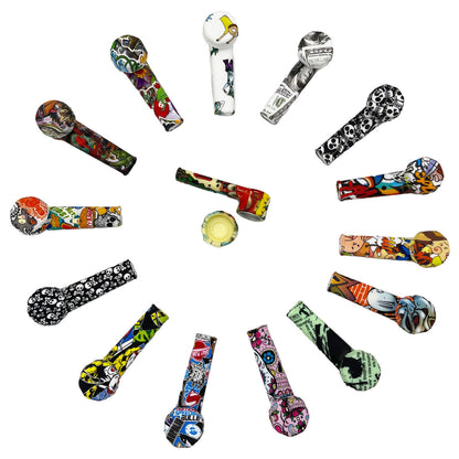 3.5" Silicone Hand Pipe w/ Metal Bowl, Lid & Carb in - Choose From Over 40 Prints! [HP-S-36]