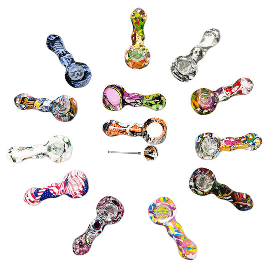 4.25" Silicone Hand Pipe w/ Glass Bowl, Dab Tool & Dish - Now Over 2 Dozen Prints [HP-S-6B]