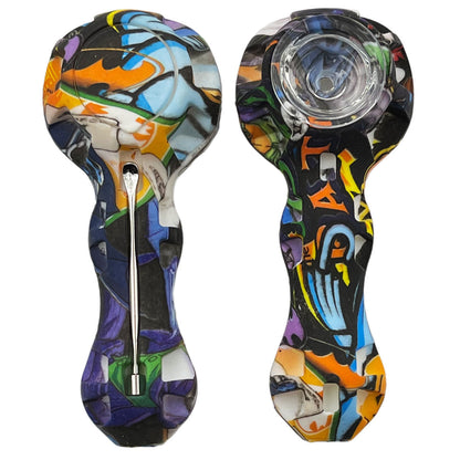 4.25" Silicone Hand Pipe w/ Glass Bowl, Dab Tool & Dish - Now Over 2 Dozen Prints [HP-S-6B]