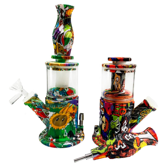 9.5" Four Way Hybrid Water Pipe, Dab Rig & Nectar Collector - Assorted Prints [WP-H-87B]